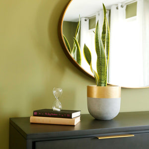 Natural stone looking pot with gold rim on a dresser with an hour glass on top of a stack of books