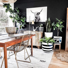 Matte white and black striped plant pot perfect for adding modern aesthetic to your dining room or kitchen.  Large planter for floor perfect for ferns or large trees.