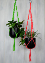 Two neon coloured plant hangers with black hand painted planters