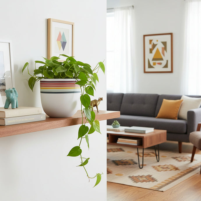 Living room with a plant on a shelf and a grey sofa with cushions.
