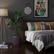 Modern bedroom with a bed, plant, and abstract art on a dark wall.