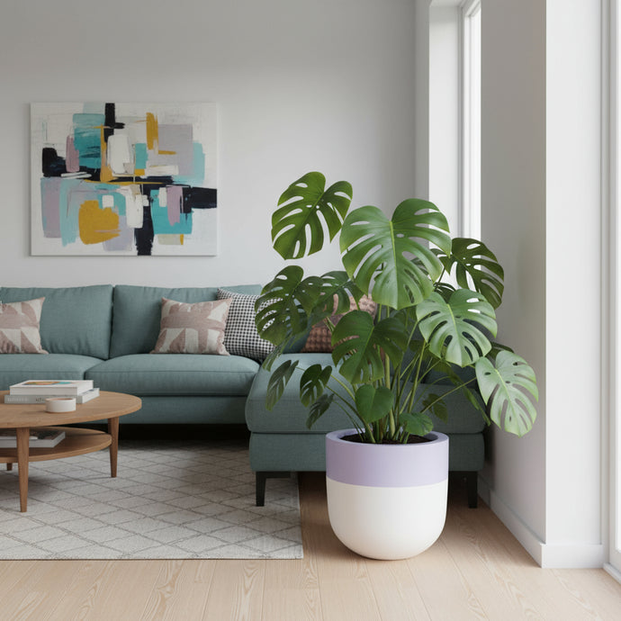 Living room with a green sofa, abstract painting, and potted plant.