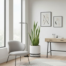 Modern interior with a gray chair, potted plant, and desk.