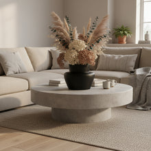 Living room with a round concrete coffee table, potted plant, and books.