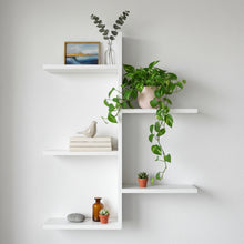 White shelves with decorative items including plants and books against a light gray wall.
