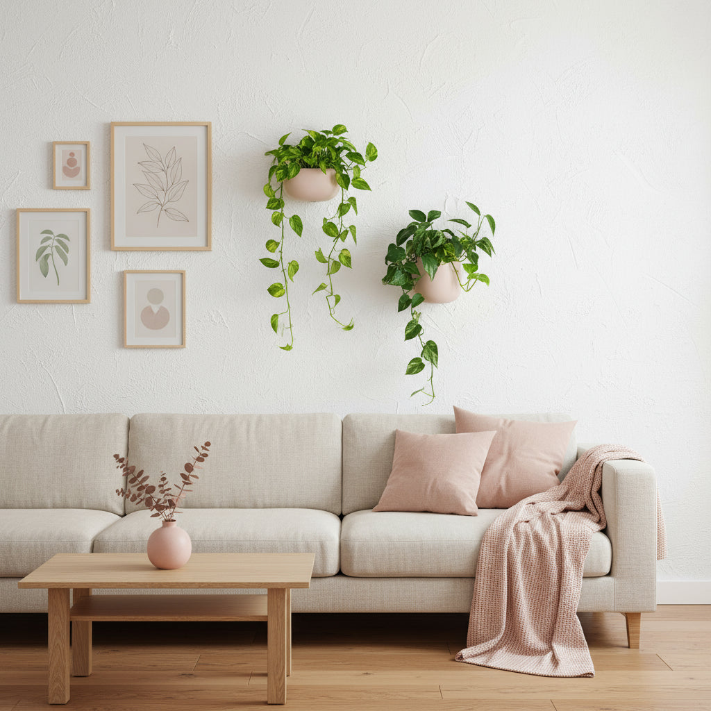 Modern living room with a beige sofa, wooden coffee table, blush pink hanging planters and wall art.