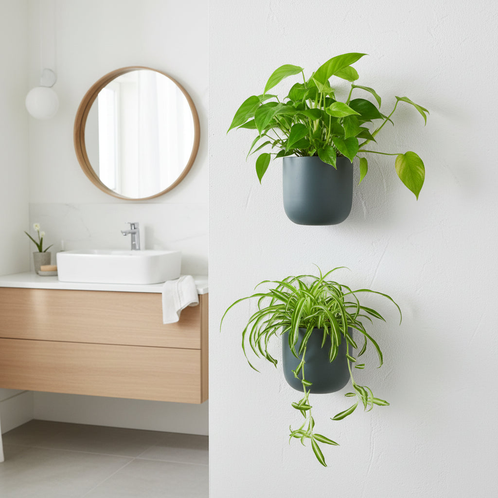 Bathroom with wooden vanity, round mirror, and wall-mounted plants.