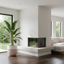 Modern living room with white furniture, plants, and a fireplace.