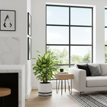Modern living room with a white sofa, potted plant, and large window.
