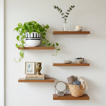Wooden shelves with decorative items including a plant, books, and a basket against a white wall.