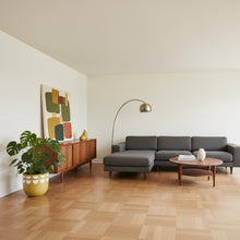 Modern living room with gray sofa, wooden floor, and decorative elements.