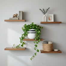 Wooden shelves with decorative items including a plant, books, and a vase against a plain wall.