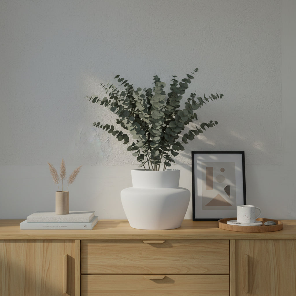 Decorative setup with a white vase, potted plant, books, and a cup on a wooden surface.