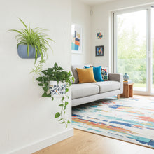 Living room with a grey sofa, coloruful rug, and wall art.