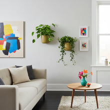 Modern living room with a beige sofa, coffee table with flowers, and wall art.