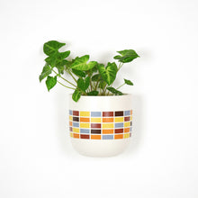 A hand painted wall planter pot in a cream colour with a multicolour geometric pattern on the side, containing a green plant.