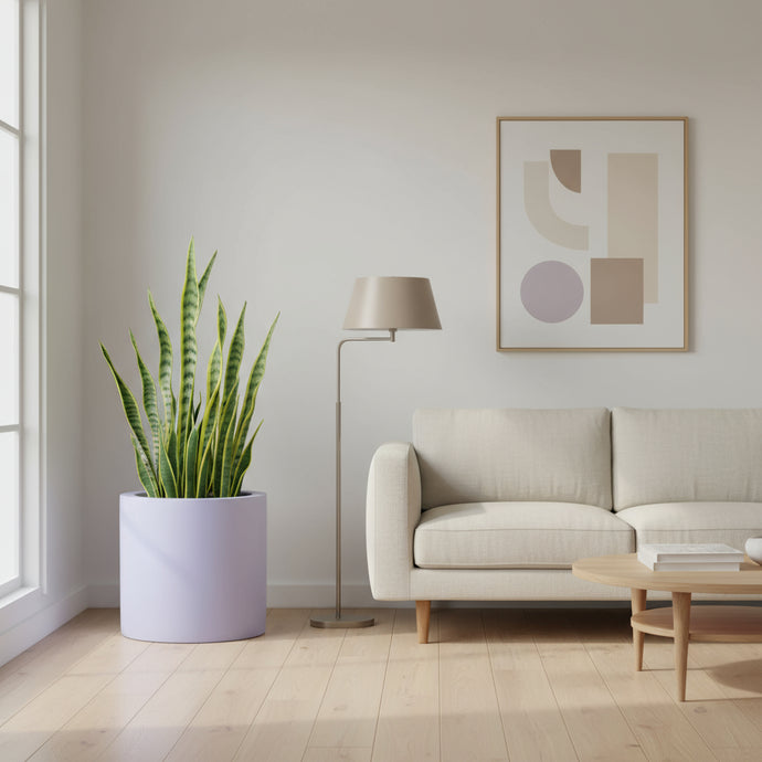 large lilac planter in neutral living room with white oak accents and a complimentary art print on the wall