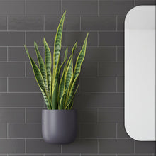 Bathroom with dark tiled wall, plant in pot, and white sink.