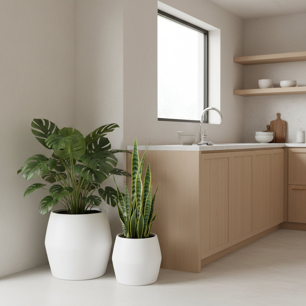 Modern kitchen with plants on floor in the corner