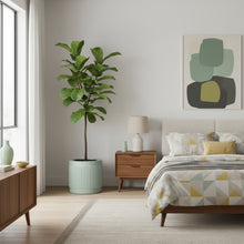 Modern bedroom with a large potted plant, wooden nightstand, and abstract art on the wall.