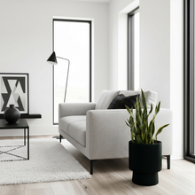 Modern living room with a sofa, black pedestal plant pot, and abstract art on a white wall.