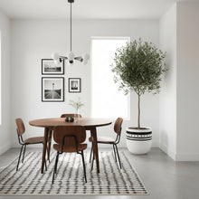 Modern dining room with wooden table and chairs, decorative plant, and framed pictures on the wall.