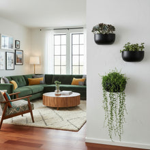 Living room with green sectional sofa, wooden coffee table, and wall-mounted planters.