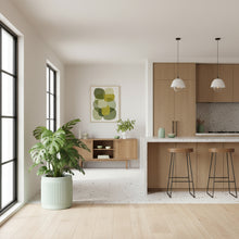 Modern kitchen with wooden cabinets, bar stools, and a plant.