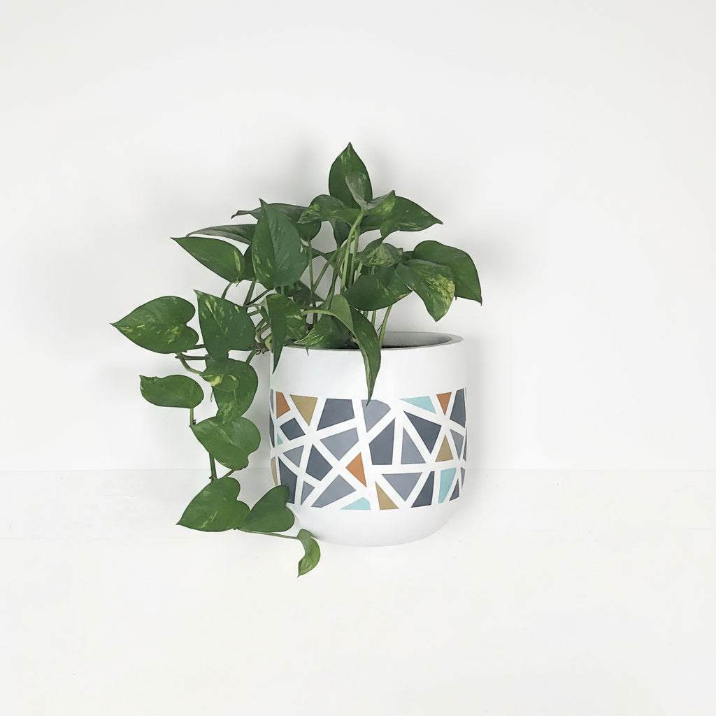 Green potted plant in a white hanging planter pot with geometric patterns on a light gray background