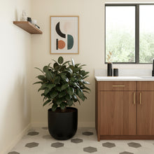 Modern kitchen interior with a potted plant, wooden cabinets, and abstract art on the wall.