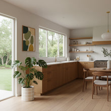 Modern kitchen with wooden cabinets, a dining area, and large windows.