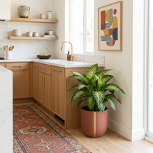 Modern kitchen with wooden cabinets, a rust strand plant pot, and abstract art on the wall.