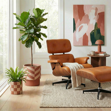 Brown leather chair and ottoman in a reading nook with plants in decorative pots.