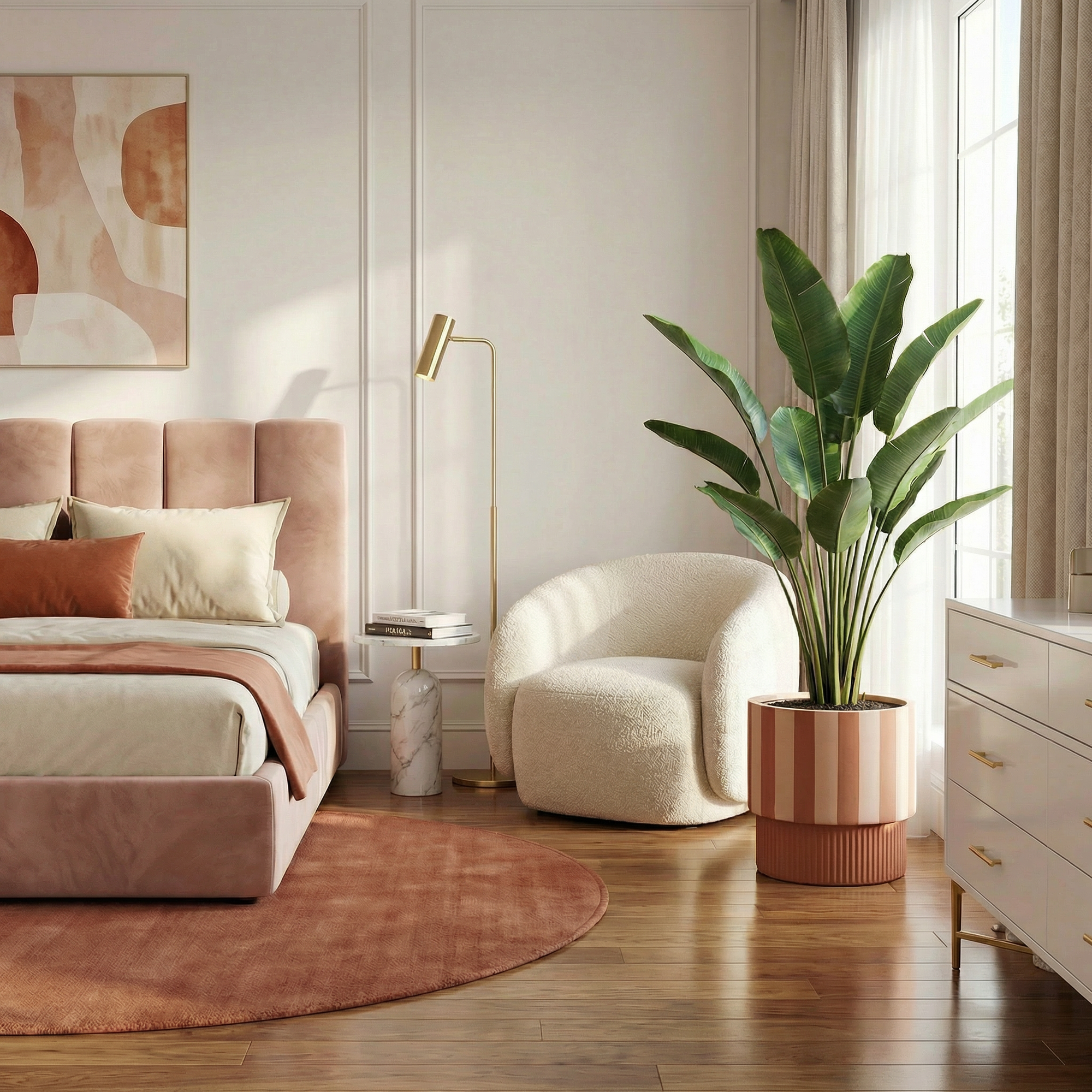 Modern bedroom with pink bed, white armchair, and large plant
