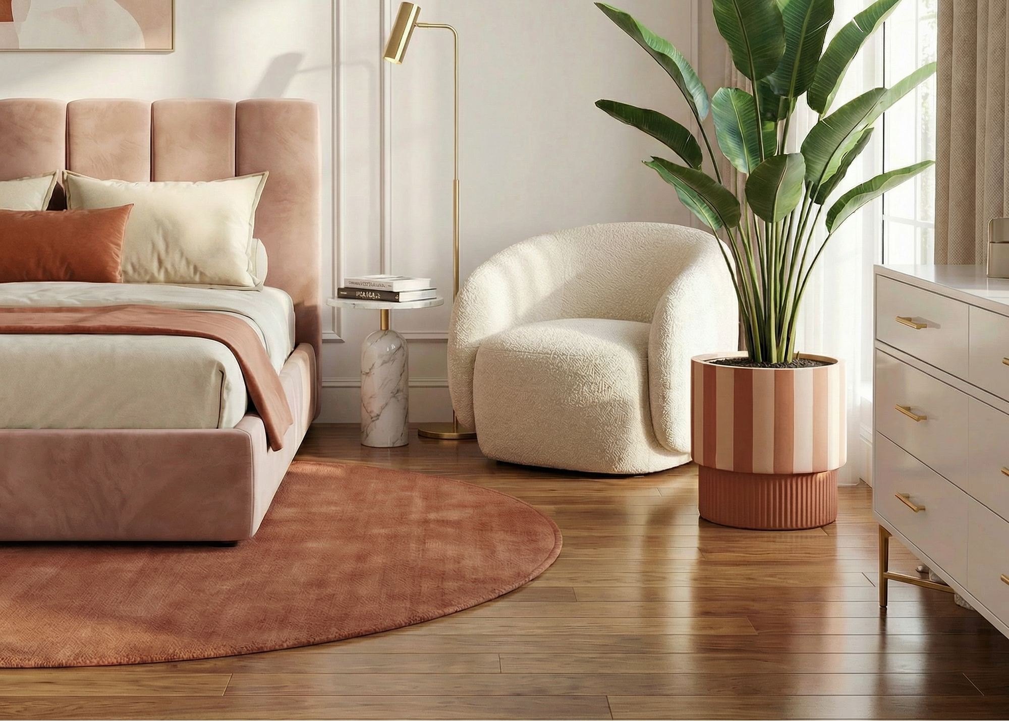 Modern bedroom with pink bedframe, swivel armchair, and large decorative striped planter.
