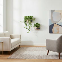 Modern living room with a beige sofa, gray armchair, and abstract wall art.