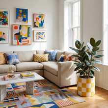 Living room with a beige sectional sofa, colorful abstract art, vivid rug and a decorative plant.