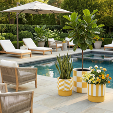 Outdoor patio with lounge chairs, umbrella, and decorative planters by a pool.