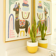 Mustard Yellow two toned plant pot on vanity with colourful llama art print