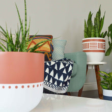 collection on bohemian planters and prints in a living room