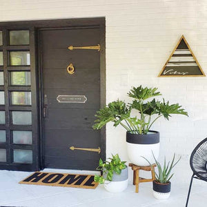 GROUPING OF BLACK AND WHITE PLANTERS OUTSIDE A BLACK DOOR