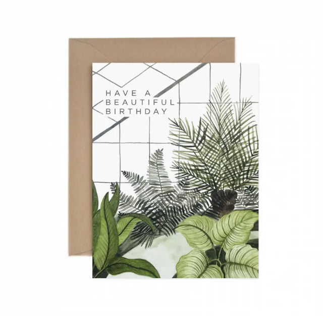PLANT CONSERVATORY BIRTHDAY GREETING CARD WITH HAND PAINTED ILLUSTRATION