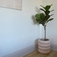 Blush pink ring stacked planter pot on floor in corner of a room.  A fiddle leaf fig sits in the planter pot and artwork hangs on the wall.