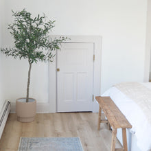 A tall olive tree, in a nude scallop cylinder is placed in corner of bedroom.  A small closet is in view, as well as a vintage runner, a rustic noodle bench and end of a bed with a beige coverlet and white duvet.  Decorative houseplant pots. Bring nature indoors with these hand painted planters that are minimalist and modern.
