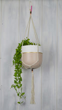 blush and cream plant hanger with a small Common House Studio planter pot in a blush tone with a gold stripe