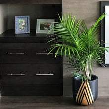 black and gold diamond pattern planter on floor with large majestic palm plant