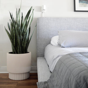 large cream planter on floor next to bed with striped duvet cover and textured headboard.  Modern plant pot hand painted with a geometric design. Suitable for indoor and outdoor use. Holds all of your favorite plants, flowers or trees for a decorative look inside and out.