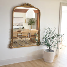 Large gold gleaming primrose mirror hangs of wall with a reflection of a dining room.  A cream scallop cylinder sits on floor with an olive tree.  Hand painted scalloped design plant pot for indoor and outdoor use. Modern and lightweight planter perfect for indoor trees, outdoor plants or starters.
