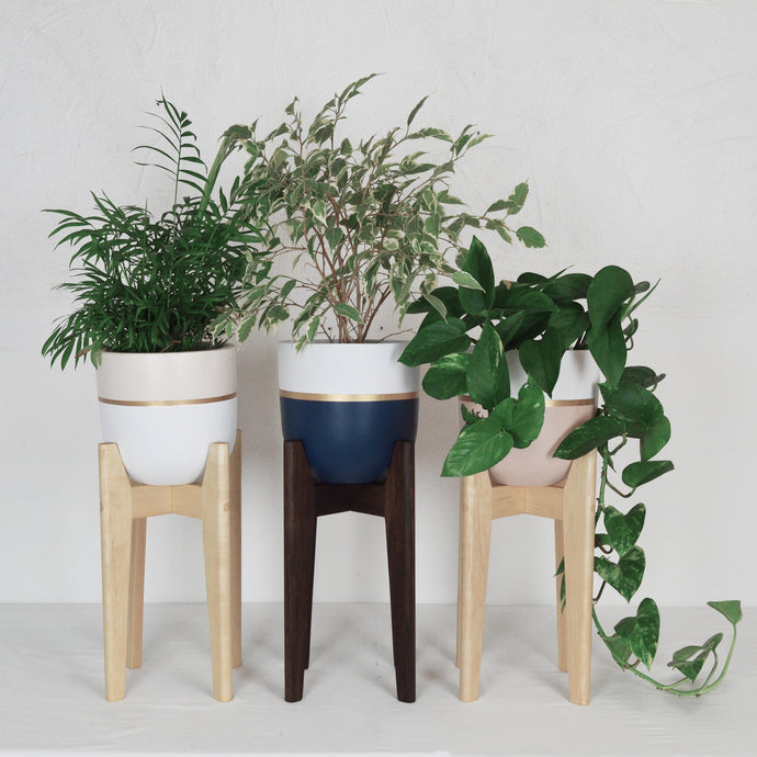 MAPLE AND WALNUT MCM PLANT STANDS WITH PERFECTLY FITTING PLANTER POTS