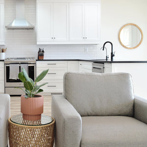 heather grey armchair with rattan accent table.  Planter with ficus tree on accent table.  Bright, white kitchen with black accents in background. 